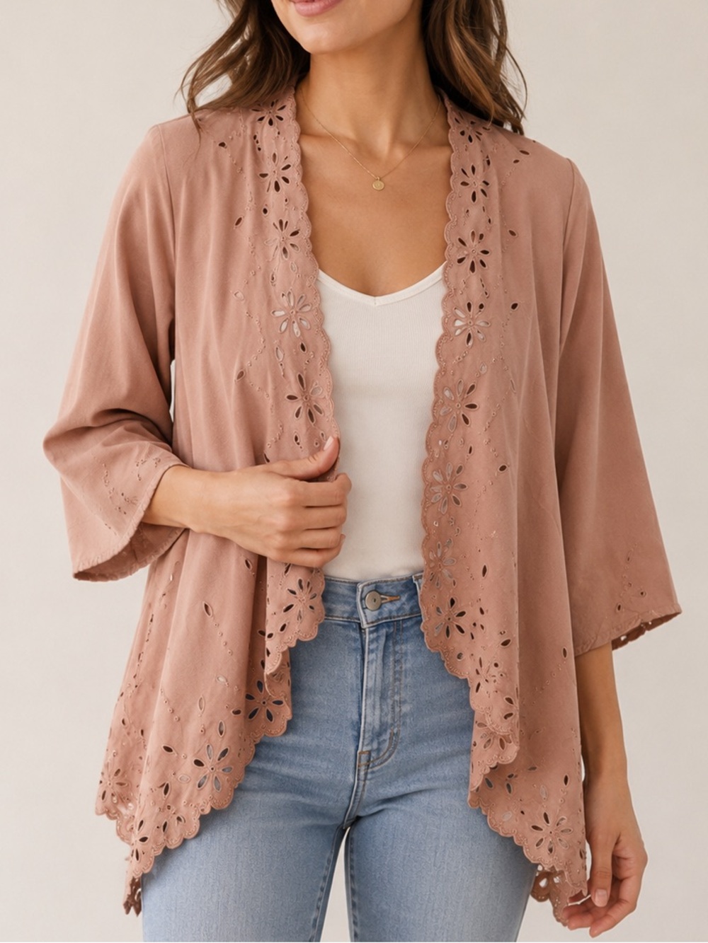 Pink Martini Boho Laser Cut Eyelet Scalloped Open Front Kimono Cardigan XS Pink